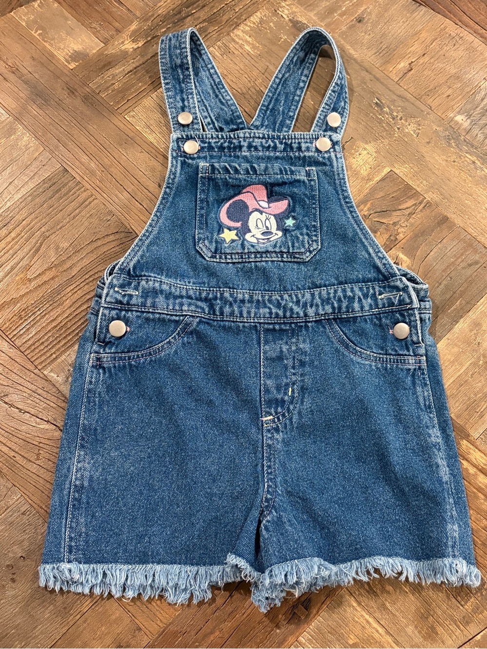 Disney Size 4T Blue Denim Minnie Mouse Cowgirl Short Overalls Raw Hem Shortalls